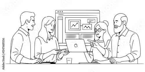 A team collaborates around a laptop, analyzing data and discussing insights to enhance project outcomes in a collaborative workspace environment
