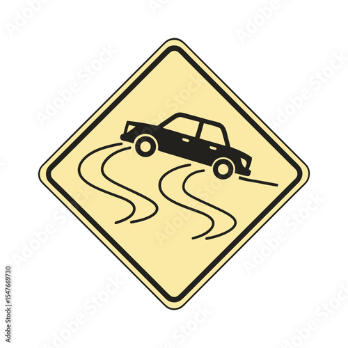 Slippery Road Warning Sign. Yellow Diamond Traffic Sign with Skidding Car Icon, Caution for Wet or Icy Conditions, Isolated Vector