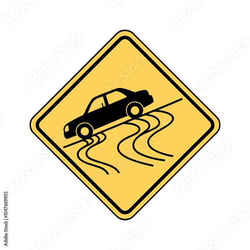 Slippery Road Warning Sign. Yellow Diamond Traffic Sign with Skidding Car Icon, Caution for Wet or Icy Conditions, Isolated Vector