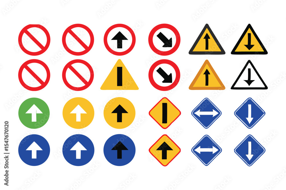 Set of Road Direction Traffic Signs Vector Icons – Red Triangle and Circle Warning and Mandatory Turn Arrows for Street and Highway Safety Set of Road Direction Traffic Signs Vector Icons – Red Triangle and Circle Warning and Mandatory Turn Arrows for Street and Highway Safety