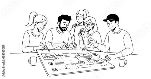 Diverse team collaborates on project, brainstorming ideas around a large table
