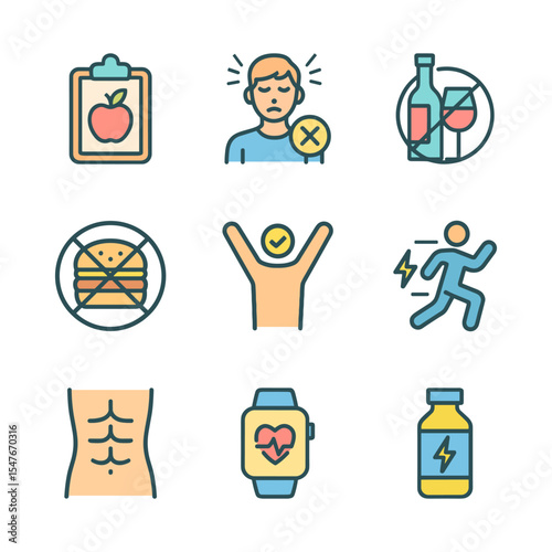 Healthy habits icons show wellbeing. Icon symbol illustration