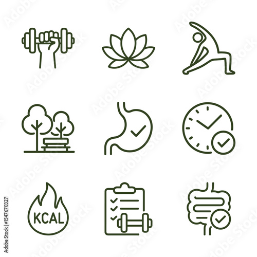 Healthy lifestyle symbols in an organized grid. Icon symbol illustration