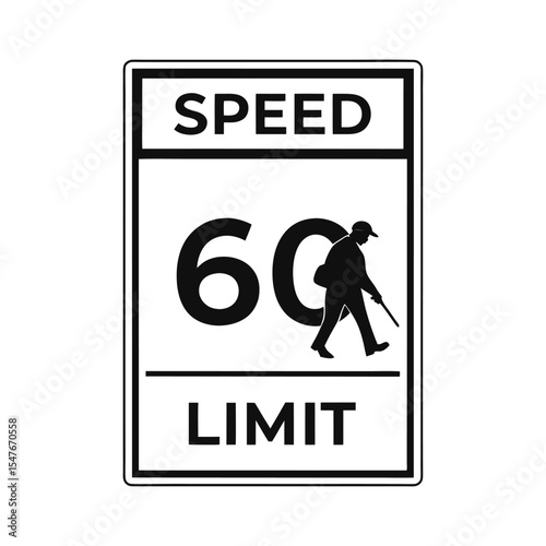 Speed Limit Road Sign. Rectangular Traffic Sign Indicating Maximum Speed of 60, Black and Yellow Design Isolated on White Background