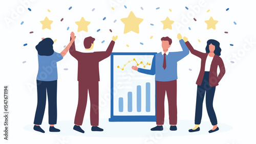 Team celebrating success with bar graph and stars in the background with confetti falling down art