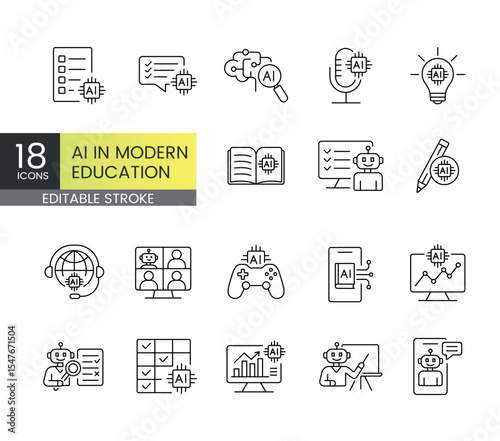 Modern AI education line icons with editable stroke including smart quizzes, chatbots, analytics, mobile learning, gamification and virtual tutors for adaptive digital classroom environments
