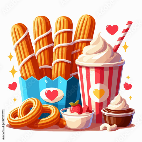 Vibrant graphic design showcasing a variety of tasty treats, including churros, drinks, and desserts, presented in an appealing arrangement.