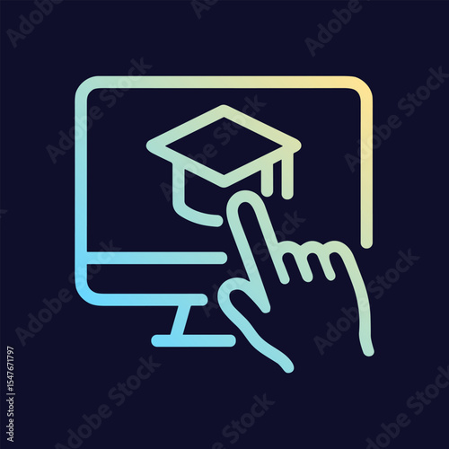 Online learning with hand interaction on screen. Icon symbol illustration