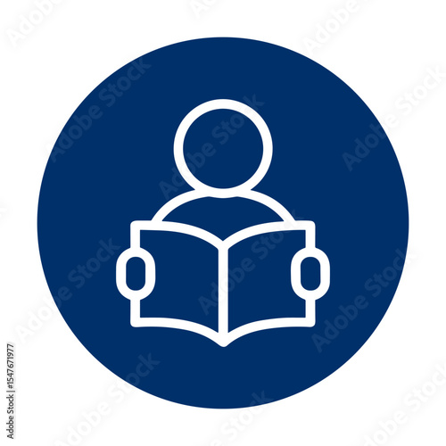 Person reading book inside circle. Icon symbol illustration