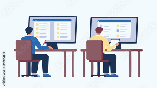 Two people working at desks with computers showing file folders and documents on screens at office