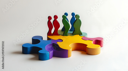 Colorful puzzle pieces connected with wooden figures standing on top against white background