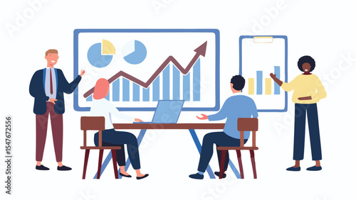 Business meeting with presentation of charts and graphs in the office with four people around the table
