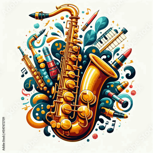 Vibrant graphic design featuring a saxophone surrounded by musical notes and other decorative objects in a colorful and abstract composition.