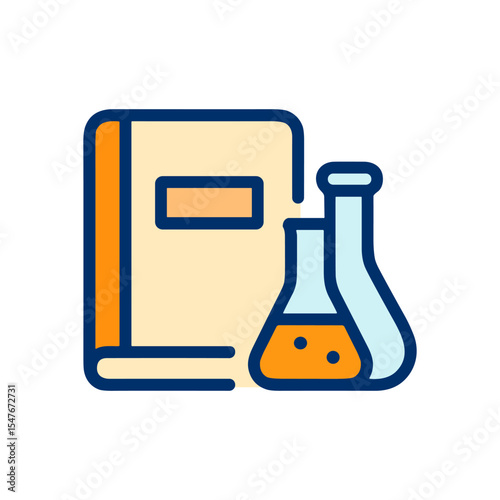 Science textbook with beakers graphic. Icon symbol illustration
