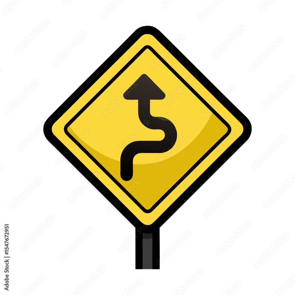 Winding Road Warning Sign. Yellow Diamond Traffic Sign with Curvy Arrow Indicating Sharp Turns Ahead, Isolated Vector Illustration Winding Road Warning Sign. Yellow Diamond Traffic Sign with Curvy Arrow Indicating Sharp Turns Ahead, Isolated Vector Illustration