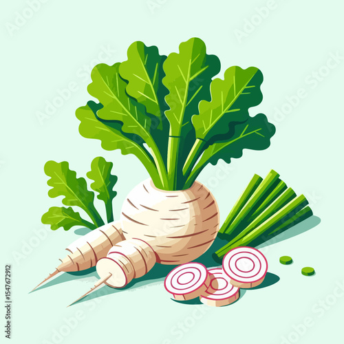 Colorful, stylized illustration of a beetroot plant and its parts, including leaves, root, and sliced sections.  The style is bright and appealing.