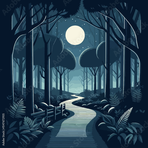 Stylized illustration of a moonlit forest path, filled with trees, plants, and tranquil ambiance.