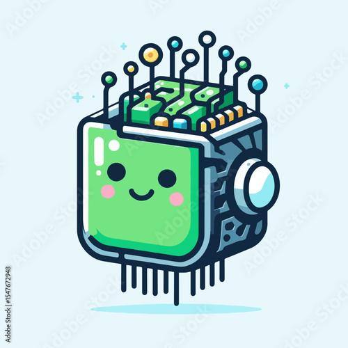 Cheerful, cube-shaped robot character with a happy expression, designed in a stylized, digital art style.  The design elements emphasize simplicity and playfulness.