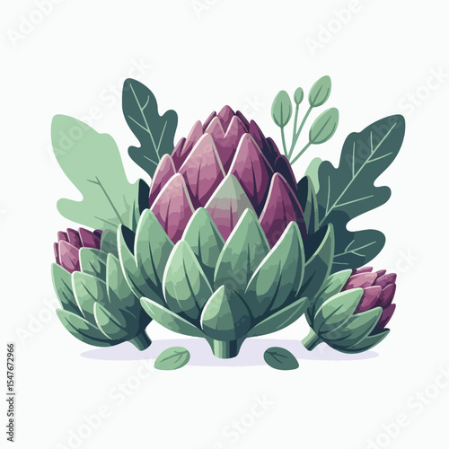 Stylized, graphic image of several artichokes, presented with bold colors and detailed green and purple leaves on a white background.