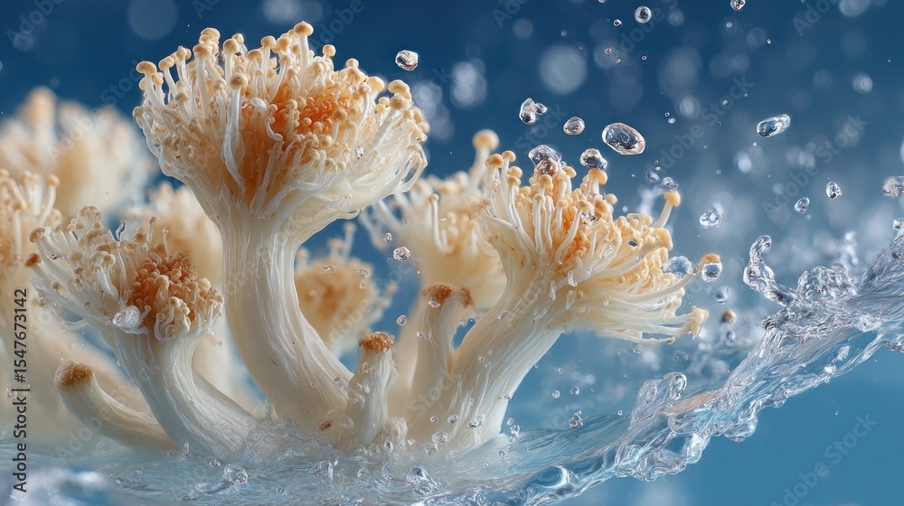 Enoki Mushrooms in Fresh Water, a study in culinary contrasts and textures Enoki Mushrooms in Fresh Water, a study in culinary contrasts and textures