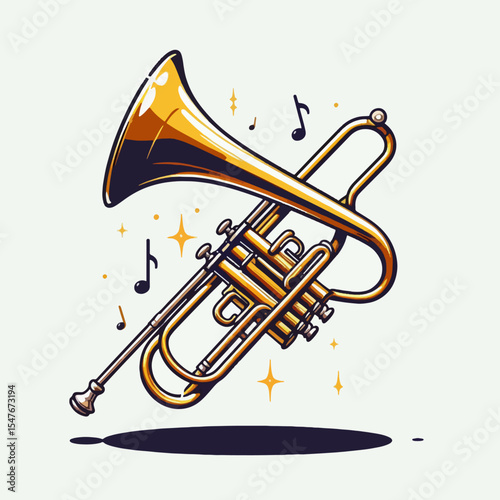 Stylish, illustrated trumpet, metallic gold, with musical notes. It appears in a vector graphic style.