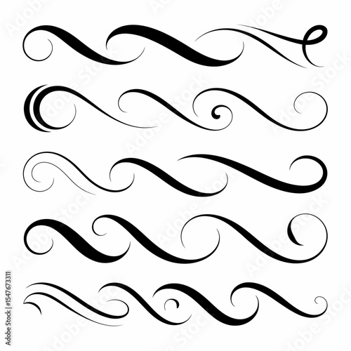 Set of Horizontal Decorative Swirl Lines. Elegant Vintage Divider Elements