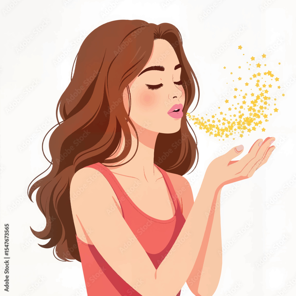 Woman blowing glitter stars against white background, magical celebration