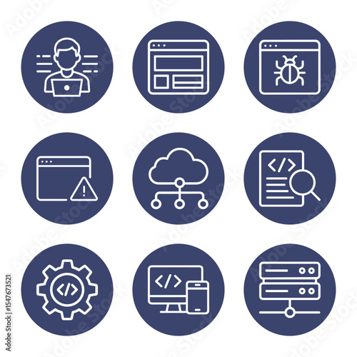 Software development icons in blue circles. Icon symbol illustration