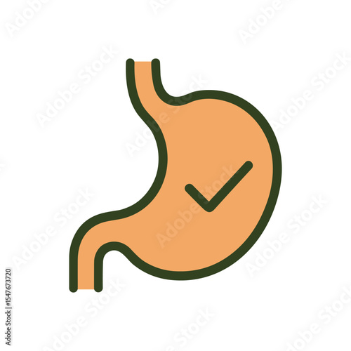 Stomach diagram with a checkmark inside. Icon symbol illustration