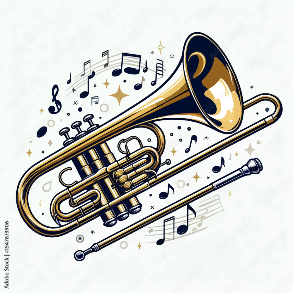 Obraz premium Stylized graphic illustration of a trumpet, highlighted with gold accents and encircled by musical notes.