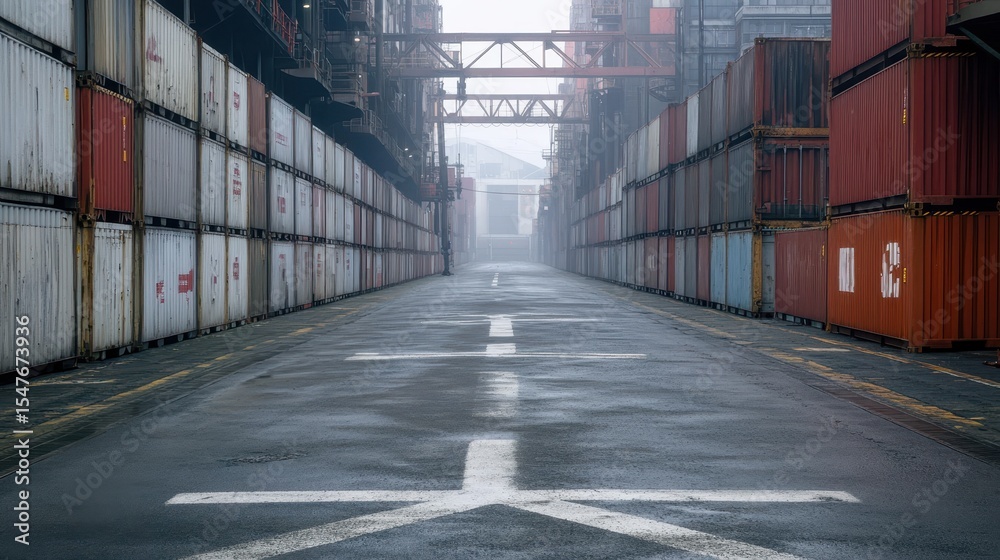 Fototapeta premium Empty Shipping Yard with Container Rows and Foggy Atmosphere