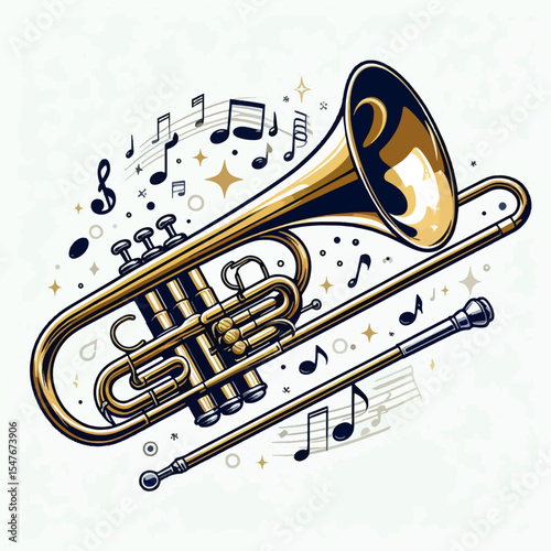Stylized graphic illustration of a trumpet, highlighted with gold accents and encircled by musical notes.