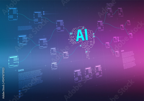 AI or artificial intelligence and big data management concept showing data analyst to process and analyze information. Ideal for data science, analytics, cloud computing, automation. 