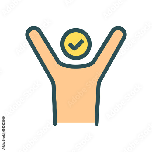 Triumphant figure with approval checkmark. Icon symbol illustration