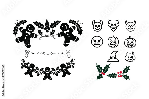Holiday Garland Icon Set with Gingerbread, Holly, and Halloween Faces vector, illustration