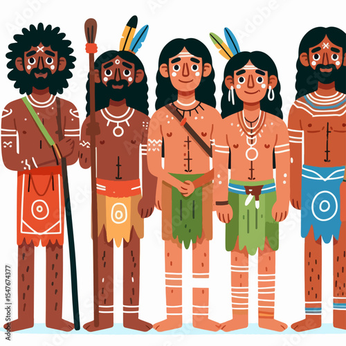 Five figures with stylized indigenous tribal features in various colored clothing and accessories.  A visual representation of distinct cultural attire.