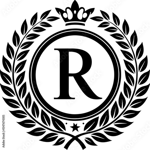 Letter r monogram with crown and laurel wreath isolated on white