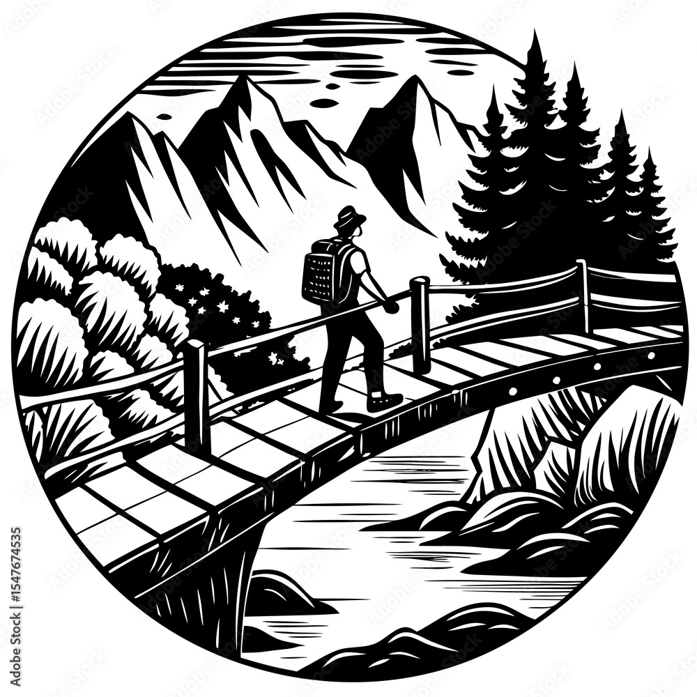Fototapeta premium Hiker crosses a wooden bridge in a mountain landscape illustration