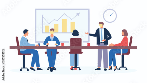 Illustration of a business meeting with presentation and chart in a conference room setting with people