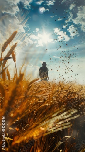 Parable of the sower in the field, sower throwing the seed, vast field with scattered grains