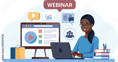 Illustration of a woman attending a webinar on her laptop with graphics and books on the desk
