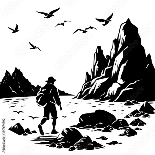 Hiker with backpack walking on rocky coast with birds flying above