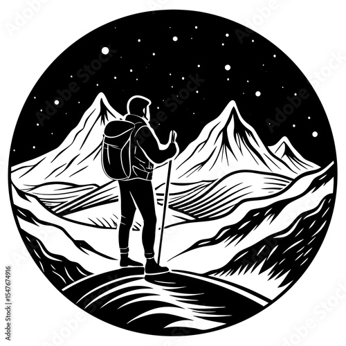 Hiker with backpack looks at mountains under the starry night