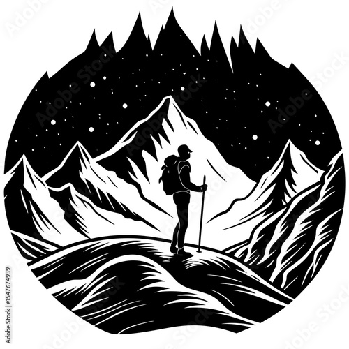 Hiker with backpack looks at mountains under the starry night sky