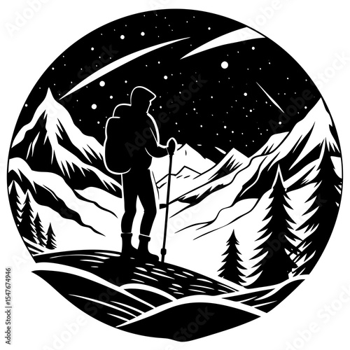 Hiker with backpack looks at mountains under starry night with trees