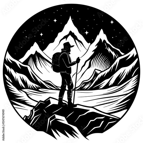Hiker with backpack looks at mountains under the starry night sky