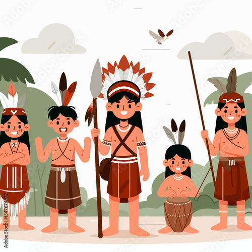 Cheerful group of indigenous children are portrayed in a stylized illustration, showcasing their traditional garments, and holding cultural items.