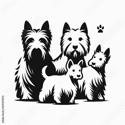 Stylized graphic portrayal of four canines, presented in a simple, monochrome color palette.  The image emphasizes the texture of their fur.