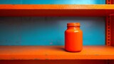 Bright orange supplement jar on shelf for vitamin product branding photography bold minimal health container pharmaceutical energy clean