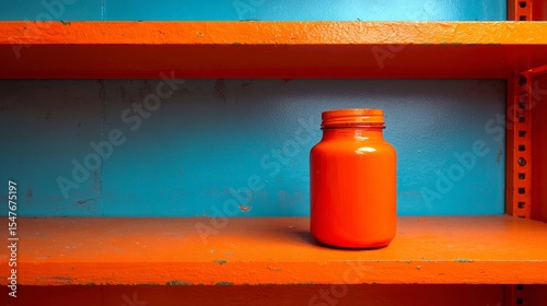 Bright orange supplement jar on shelf for vitamin product branding photography bold minimal health container pharmaceutical energy clean